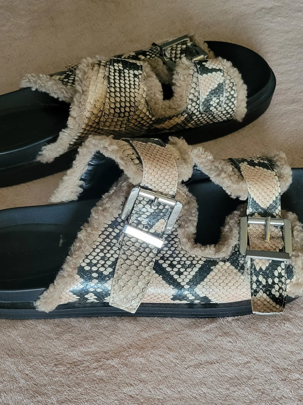 Aerosoles Faux-Snakeskin Shearling Slide Sandals - Beige/Black, Womens Size 11